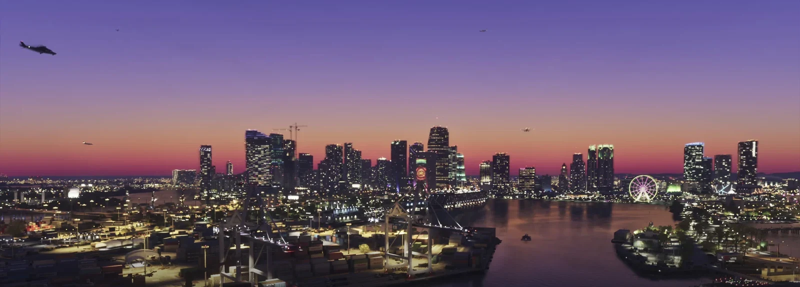 Aerial skyline view over Vice City bay at dusk